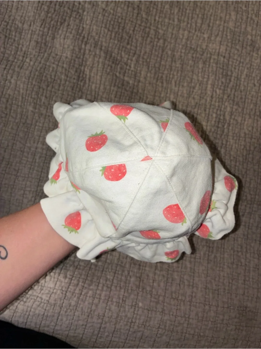 Reborn White Sun Hat with Pink Strawberry Print